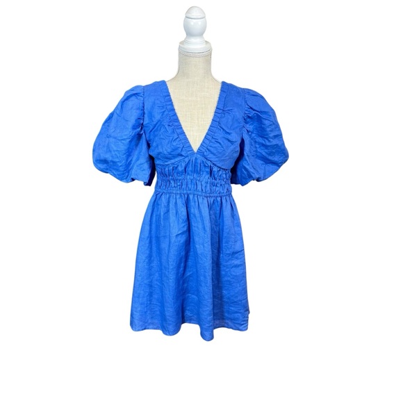 NEW Amalie the Label by Showpo Khaila LInen Lunge Puff Sleeve Mini Dress Blue 6 - Picture 3 of 15